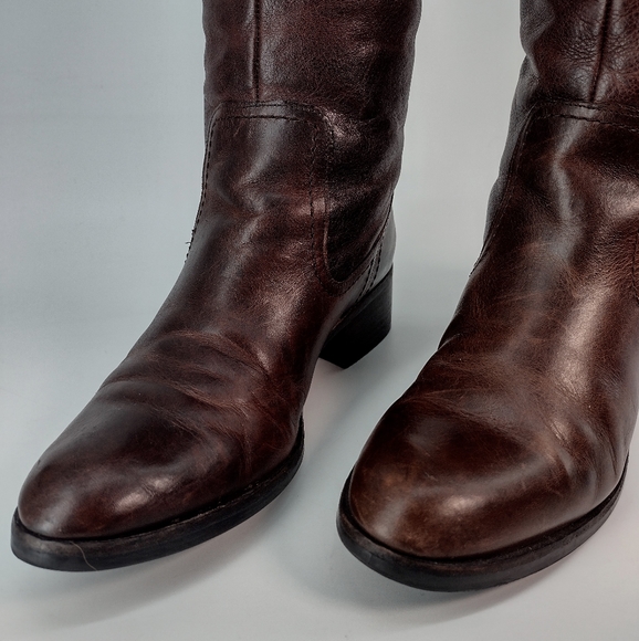 RUSTIC "Clancy" DISTRESSED REDDISH BROWN OVER KNEE BOOTS STRAPPED w BUCK… - Picture 8 of 13